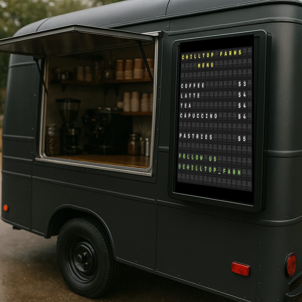 Coffee cart menu board with split-flap display