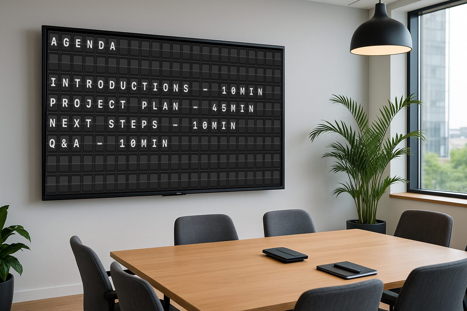 Conference room board with team announcements