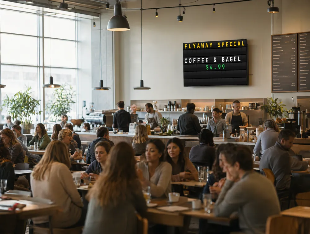 Split-flap board showing a Flyaway Special in a busy airport café