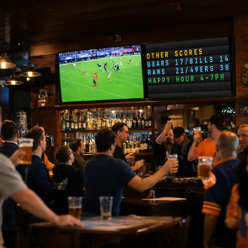 Split-flap board showing other scores beside the game in a sports bar
